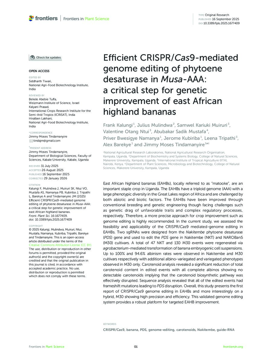 First page of Efficient CRISPR/Cas9- Mediated Genome Editing of Phytoene Desaturase in Musa-AAA: A Critical Step for Genetic Improvement of East African Highland Bananas