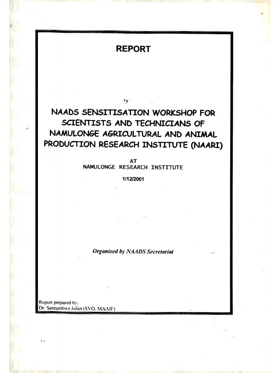 First page of NAADS Sensitisation Workshop For  Scientists And Technicians Of  Namulonge Agricultural And Animal  Production Research Institute (NAARI)