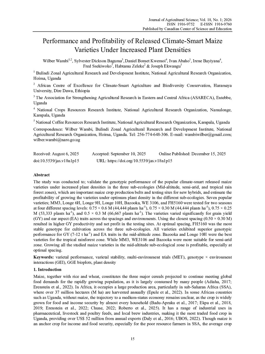 First page of Performance and Profitability of Released Climate-Smart Maize Varieties Under Increased Plant Densities