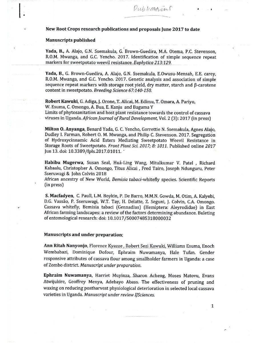 First page of New Root Crops research publications and proposals June 2017 to date