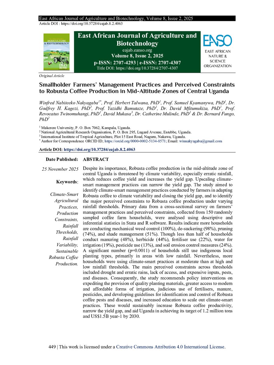 First page of Smallholder Farmers’ Management Practices and Perceived Constraints to Robusta Coffee Production in Mid-Altitude Zones of Central Uganda