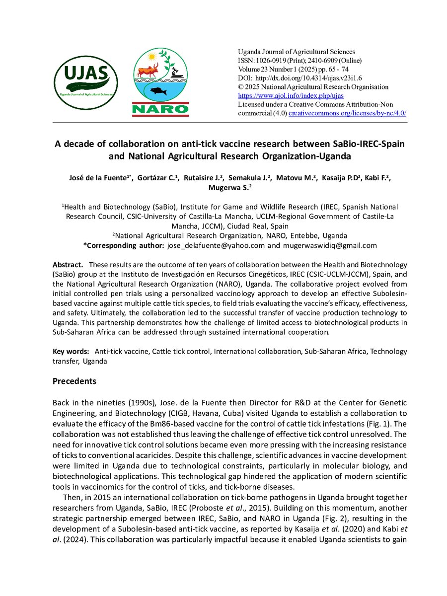 First page of A decade of collaboration on anti-tick vaccine research between SaBio-IREC-Spain and National Agricultural Research Organization-Uganda