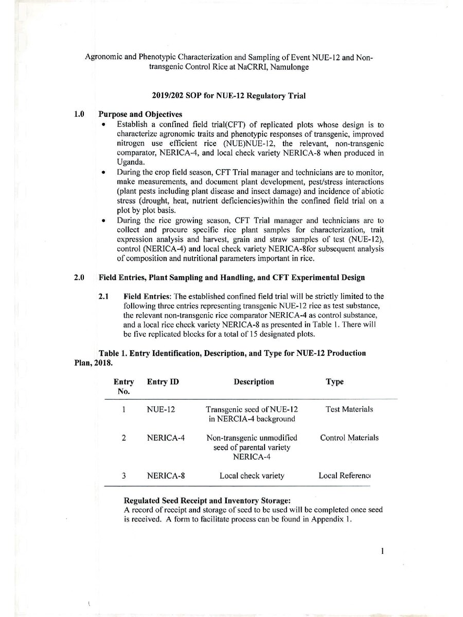 First page of Agronomic and Phenotypic Characterization and Sampling of Event NUE-12 and Non-  transgenic Control Rice