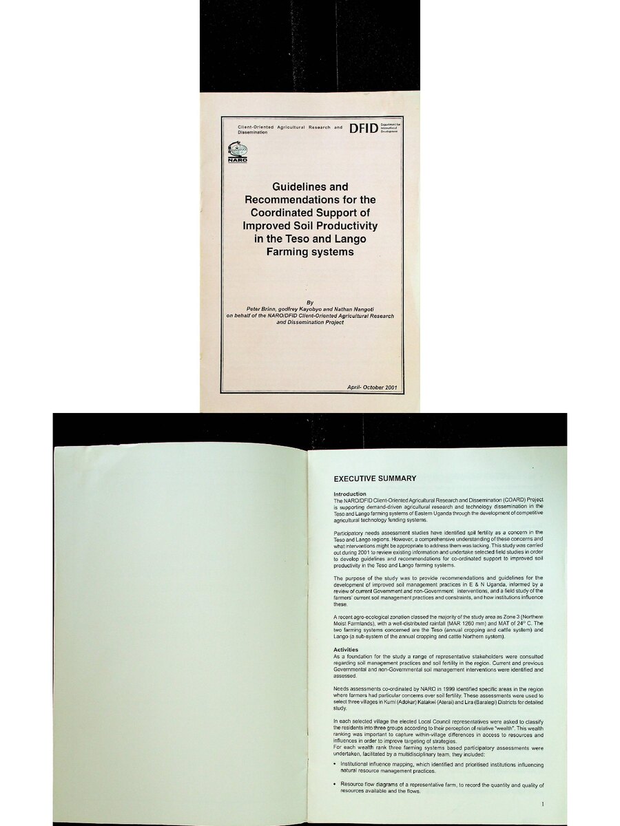 First page of Guidelines and Recommendations for the Coordinated Support of Improved Soil Productivityin the Teso and Lango Farming Systems