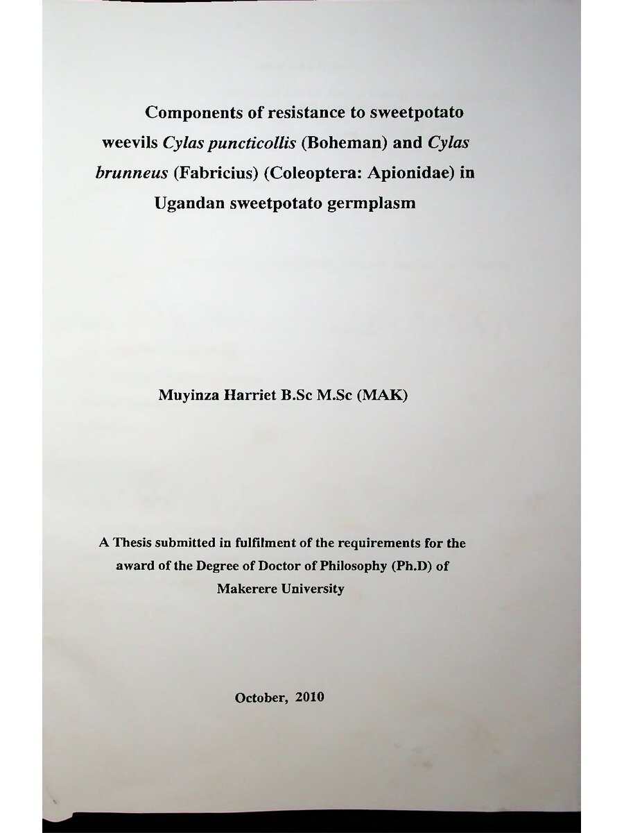 First page of Components of Resistance to Sweetpotato Weevils Cylas Puncticollis (Boheman) and Cylas Brunneus (Fabricius) (Coleoptera: Apionidae) in Ugandan Sweetpotato Germplasm