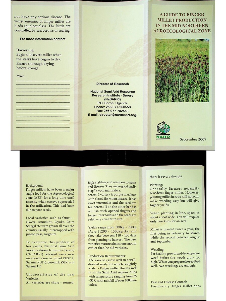 First page of A Guide to Finger Millet Production in the mid Northern Agroecological Zone