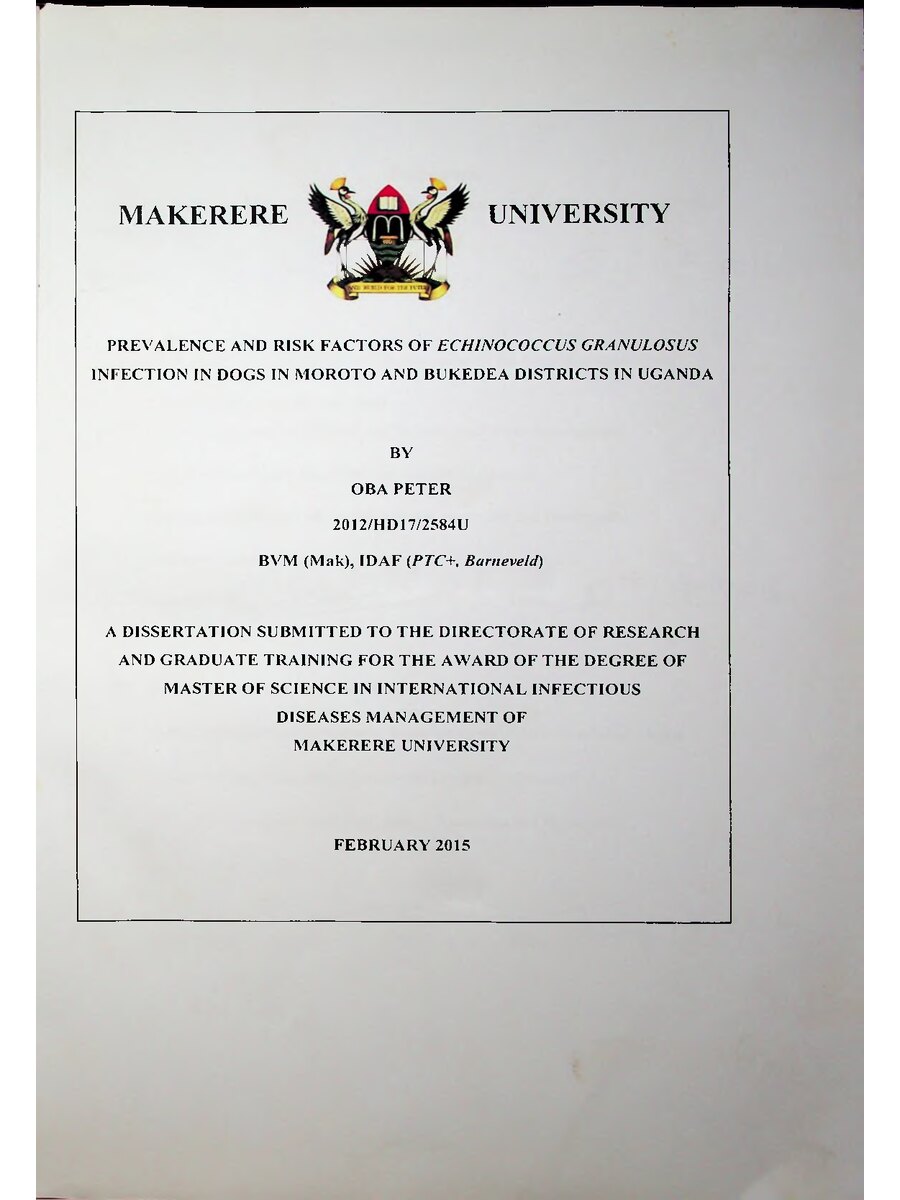 First page of Prevalence and Risk Factors of Echinococcus Granulosus Infection in Dogs in Moroto and Bukedea Districts in Uganda