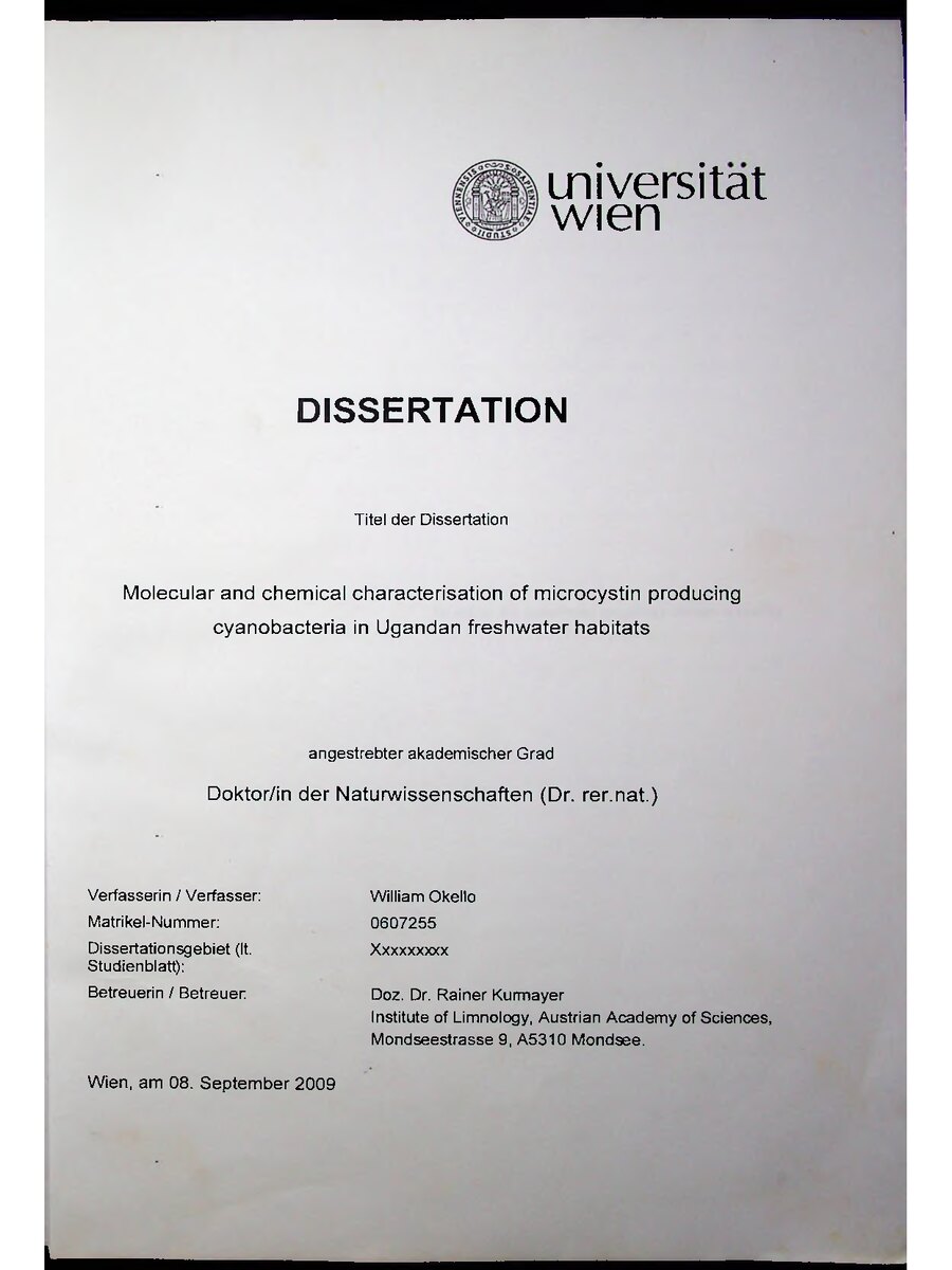 First page of Molecular and Chemical Characterisation of Microcystin Producing Cyanobacteria in Ugandan Freshwater Habitats