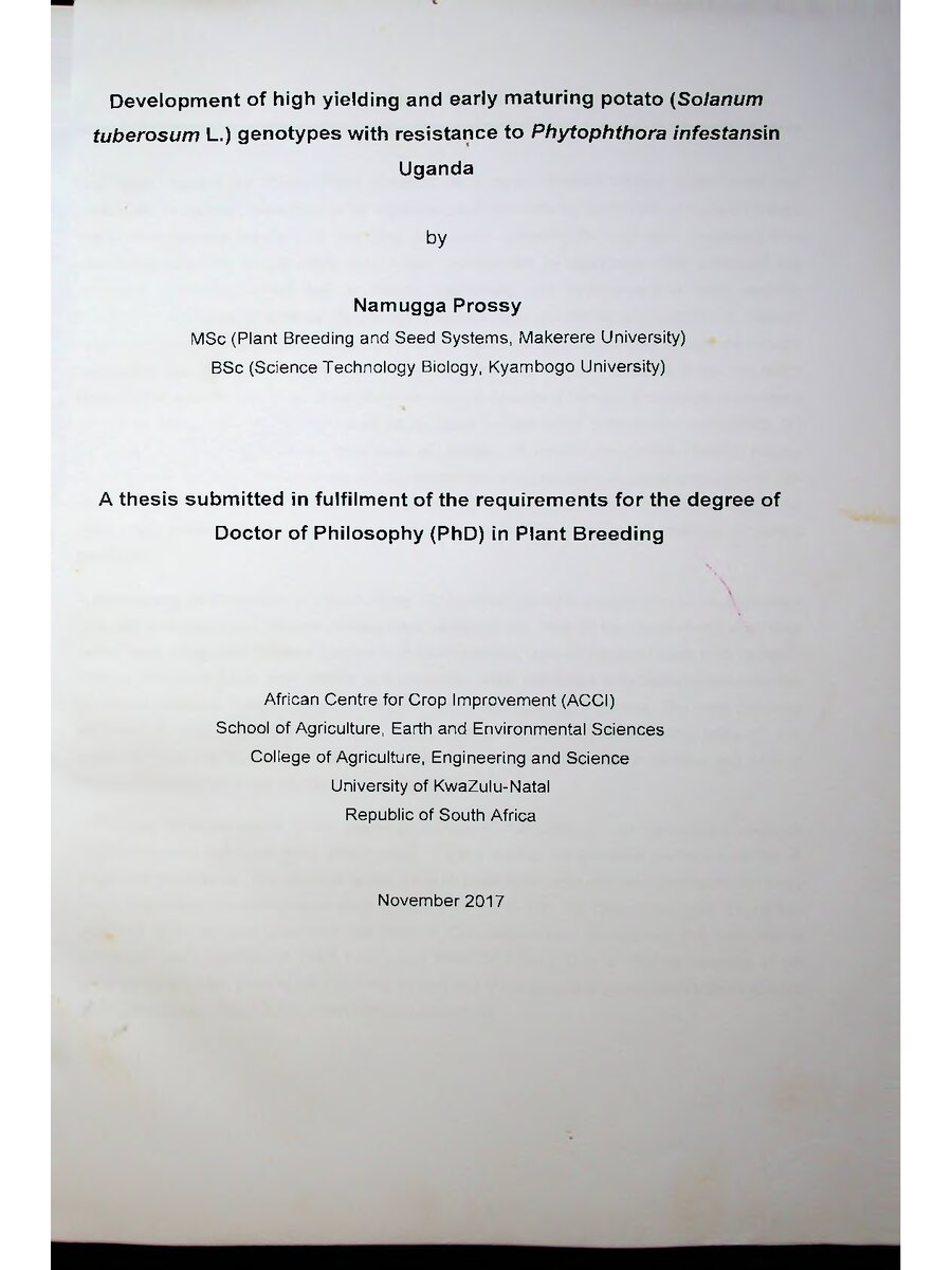 First page of Development of High Yielding and Early Maturing Potato (Solanum Tuberosum L.) Genotypes with Resistance to Phytophtora Infestansin Uganda