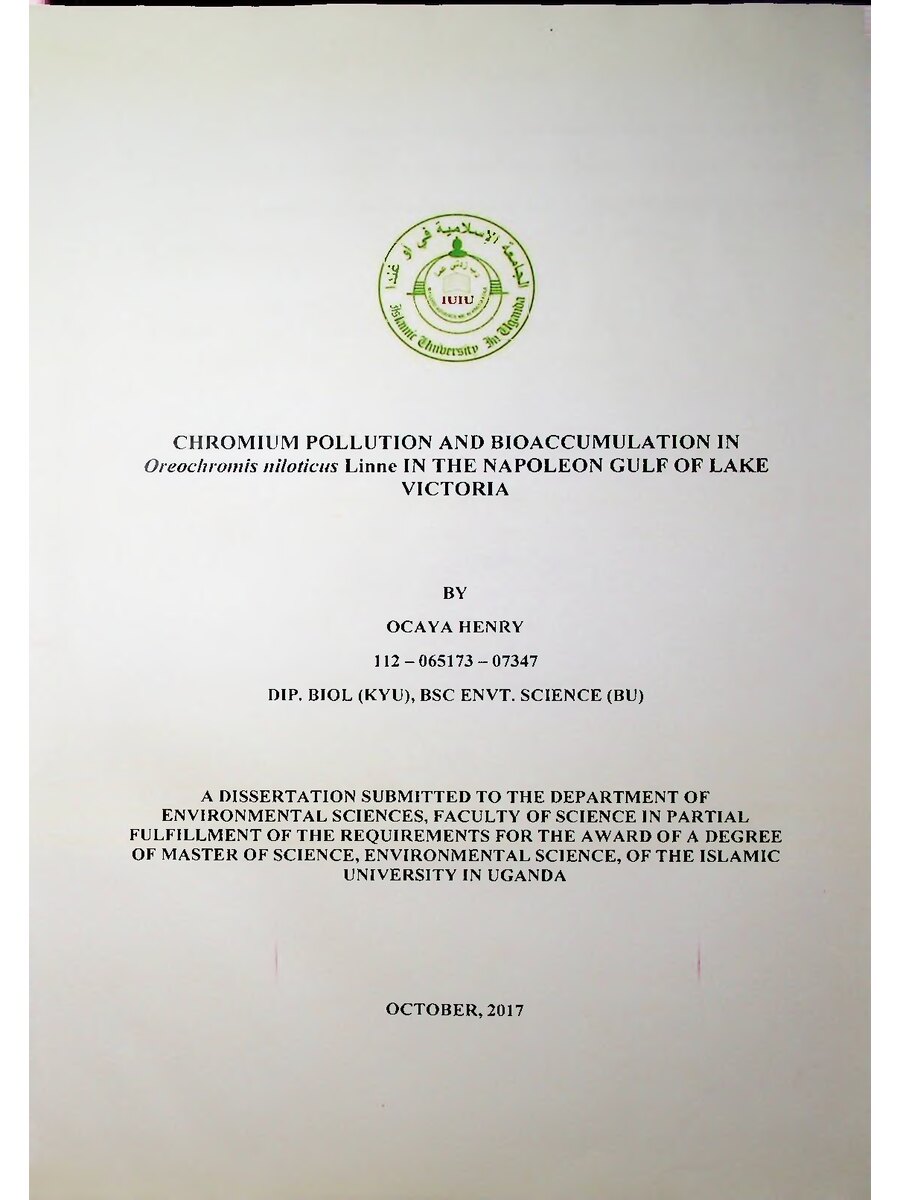 First page of Chromium Pollution and Bioaccumulation in Oreochromis Niloticus Linne in the Napoleon Gulf of Lake Victoria