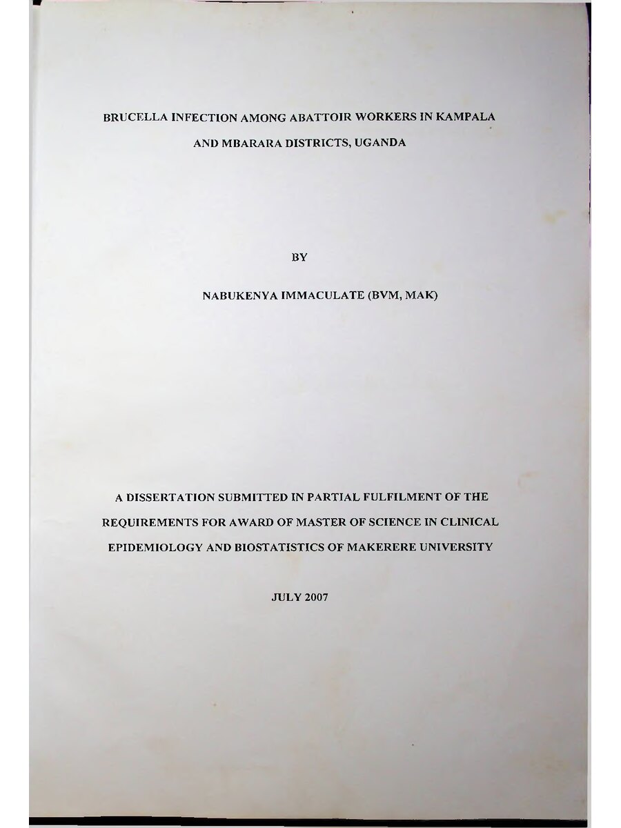 First page of Brucella Infection among Abattoir Workers in Kampala and Mbarara District, Uganda