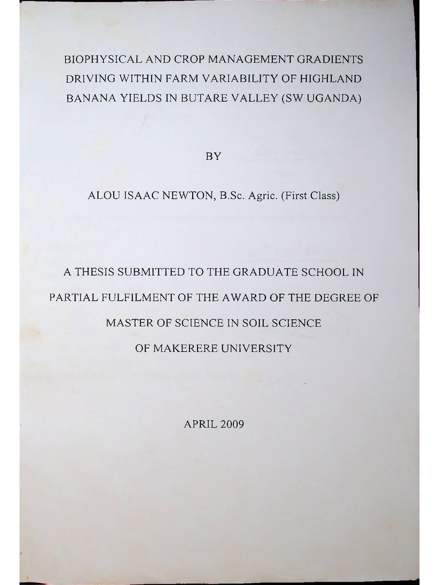 First page of Biophysical and Crop Managements Gradients Driving within Farm Variability of Highland Banana Yields in Butare Valley (Sw Uganda)
