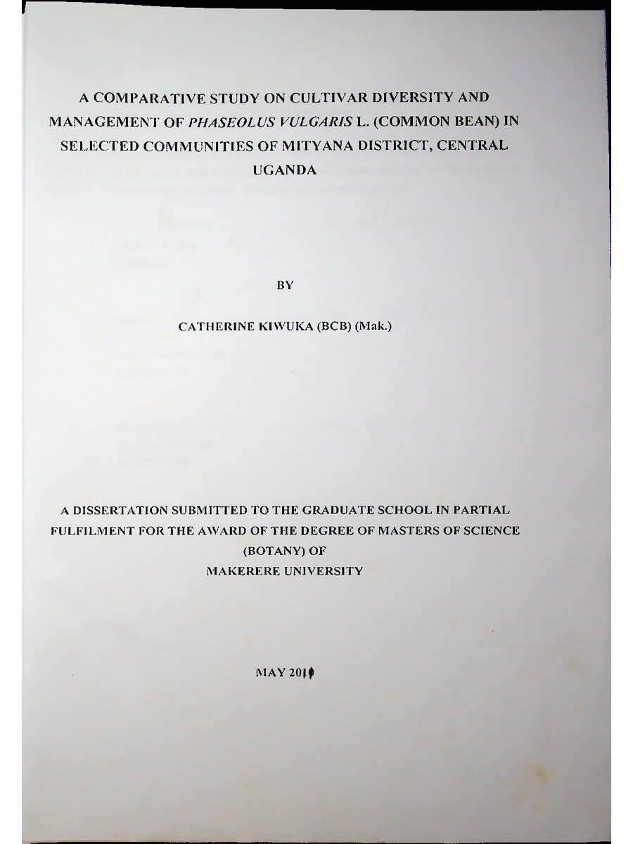 First page of A Comparative Study on Cultivar Diversity and Management of Phaseolus Vulgaris L. (Common Bean) in Selected Communities of Mitiyana District, Central Uganda