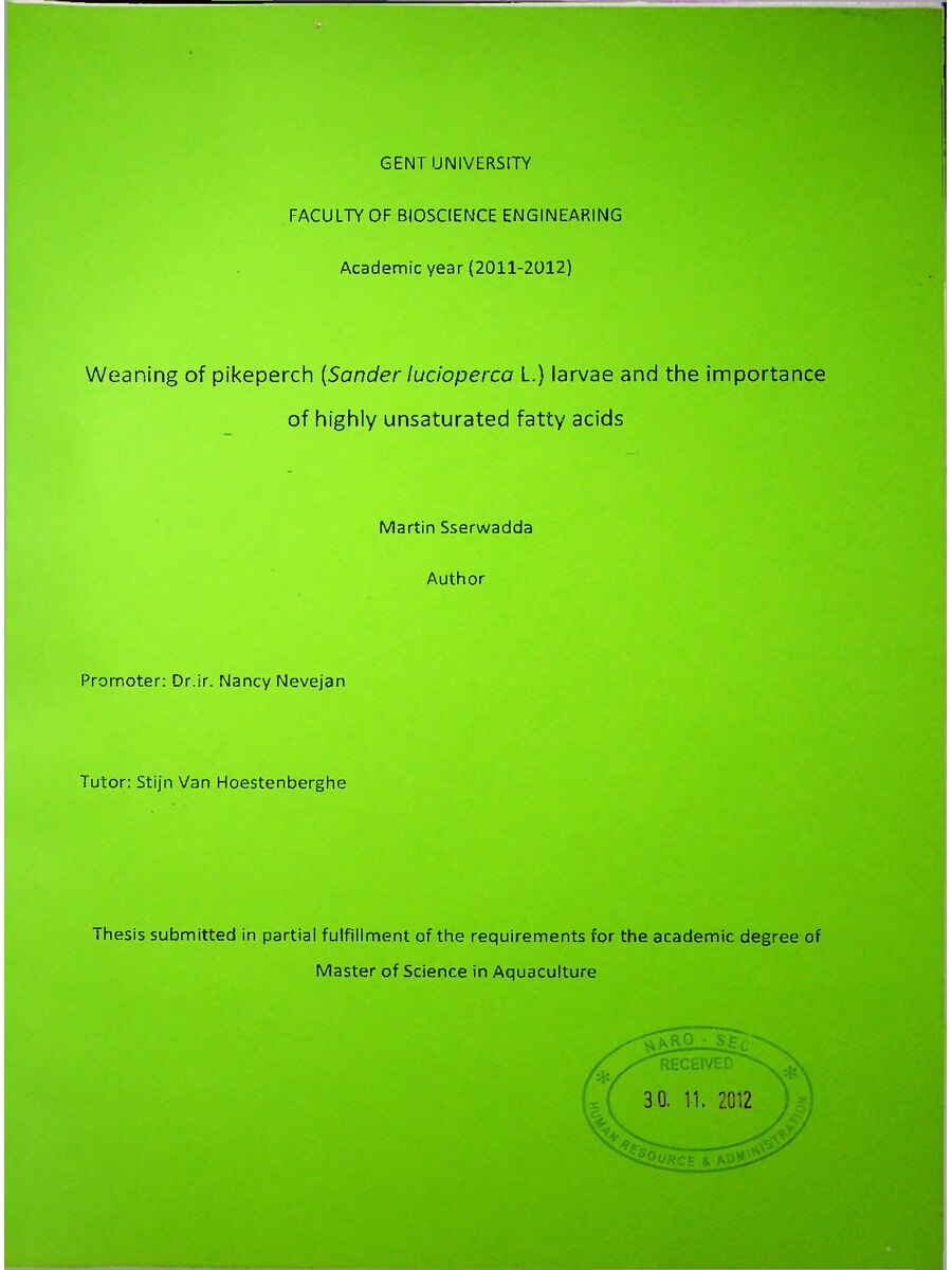 First page of Weaning of Pikeperch (Sander lucioperca L.) Larvae and the Importance of Highly Unsaturated Fatty Acids