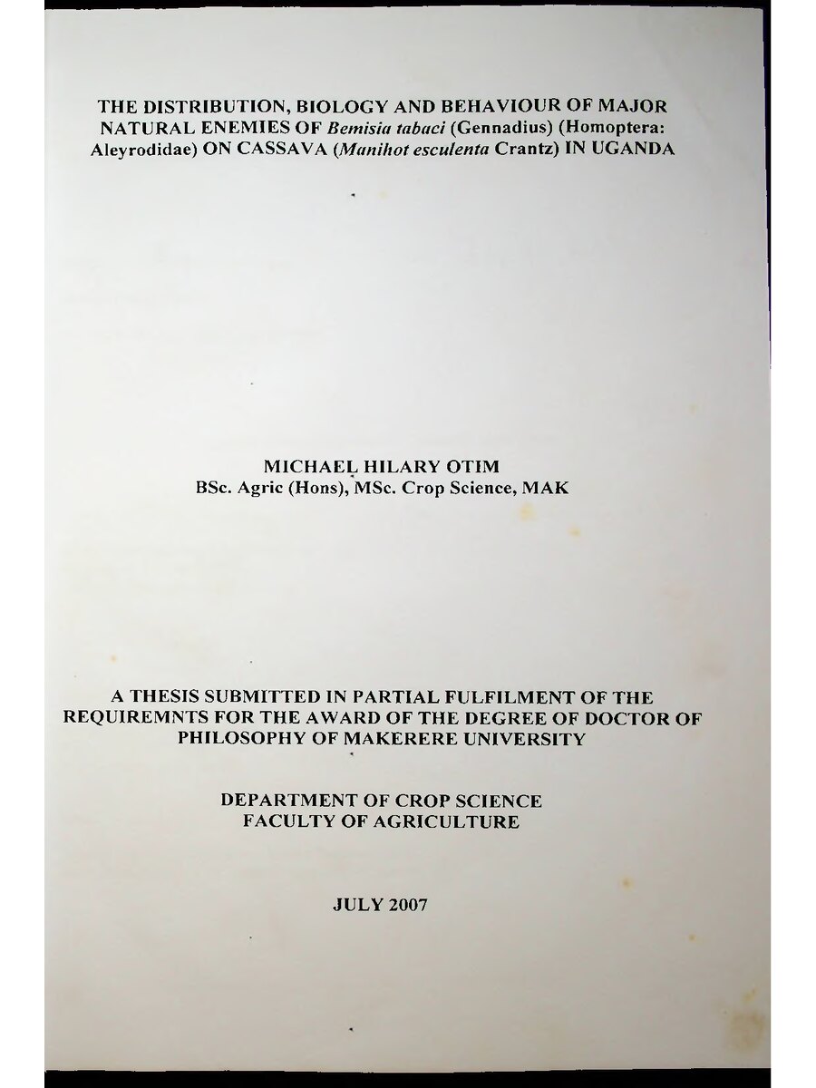 First page of The Distribution, Biology and Behaviour of Major Natural Enemies of Bemisia tabaci (Gennadius) (Homoptera Aleyrodidae) on Cassava (Manihot Esculenta Crantz) in Uganda