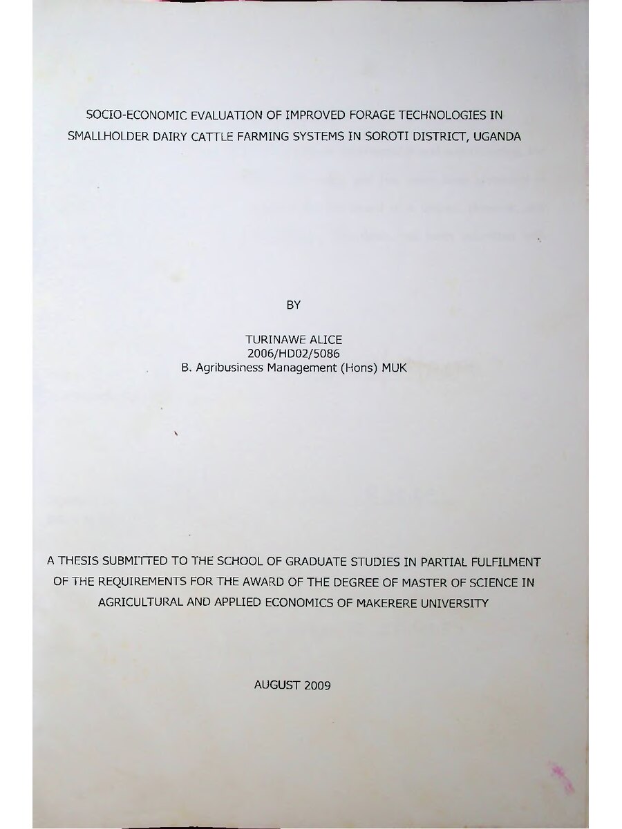 First page of Social-Economic Evaluation of Improved Forage Technologies in Smallholder Dairy Cattle Farming Systems in Soroti District, Uganda