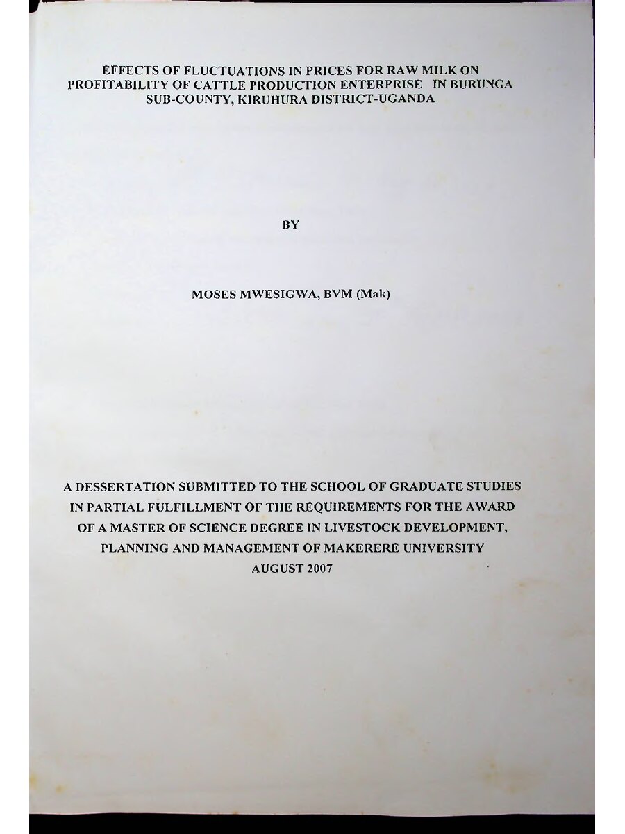 First page of Effects of Fluctuations in Prices for Raw Milk on Profitability of Cattle Production Enterprise in Burunga Sub-County, Kiruhura District-Uganda