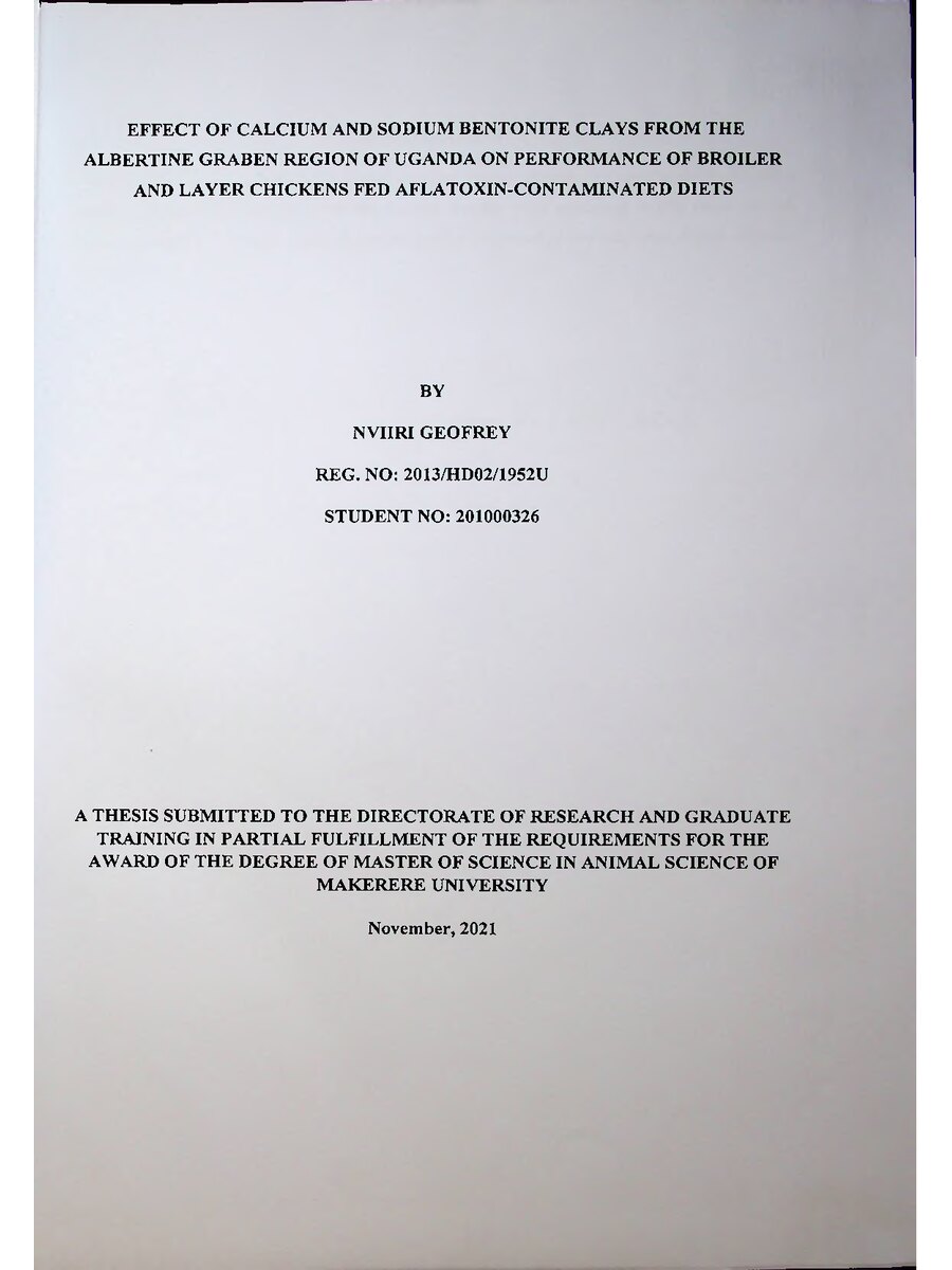 First page of Effect of Calcium and Sodium Bentonite Clays from the Albertine Graben Region of Uganda on Performance of Broiler and Layer Chickens Fed Aflatoxin-Contaminated Diets