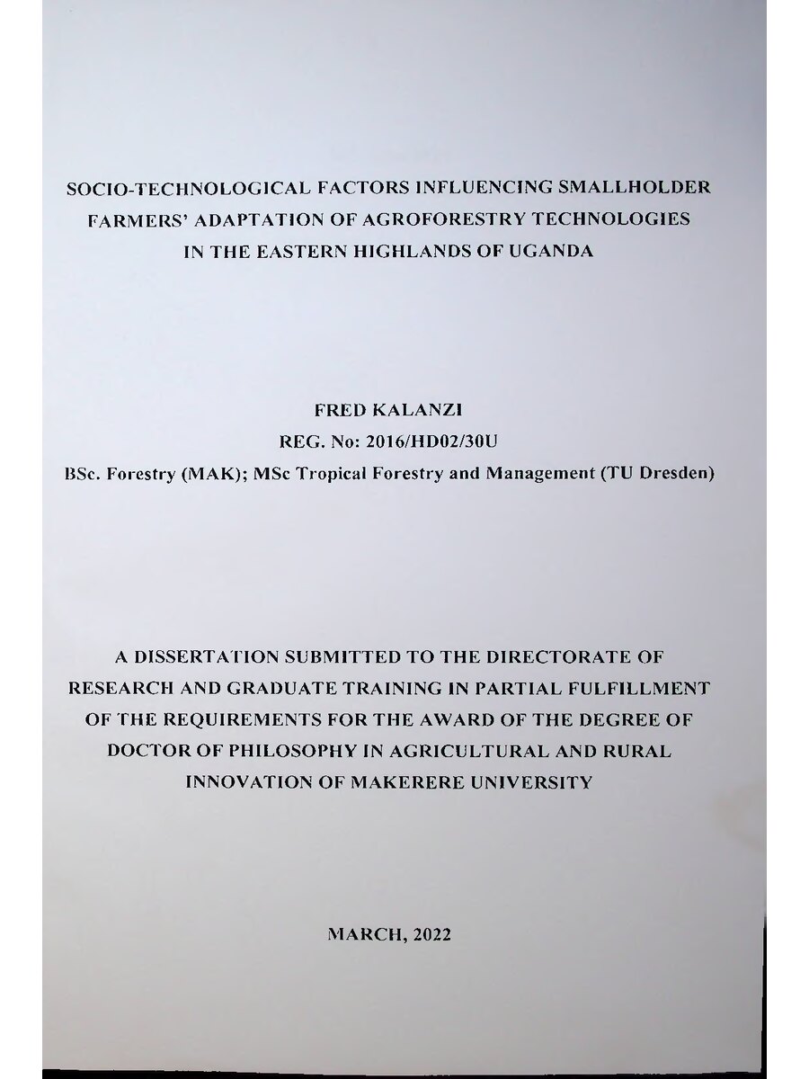 First page of Social -Technological Factors Influencing Smallholder Farmer's Adaptation of AgroForestry Technologies in the Eastern Highlands of Uganda