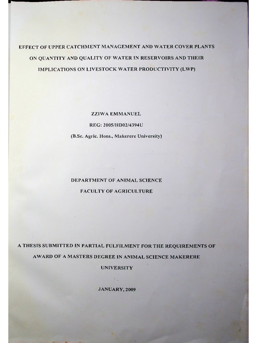 First page of Effect of Upper Catchment Management and Water Cover Plants on Quantity and Quality of Water in Reservoirs and their Implications on Livestock Water Productivity (LWP)