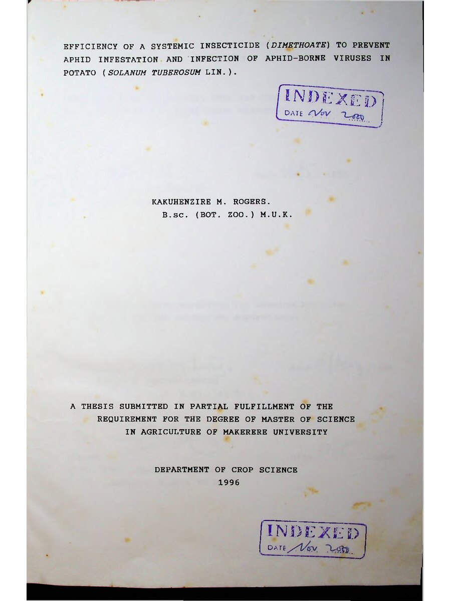 First page of Efficiency of a Systemic Insecticide (DIMETHOATE) to Prevent Aphid Infestation and Infection of Aphid-Borne Viruses in Potato (SOLANUM TUBEROSUM LIN)