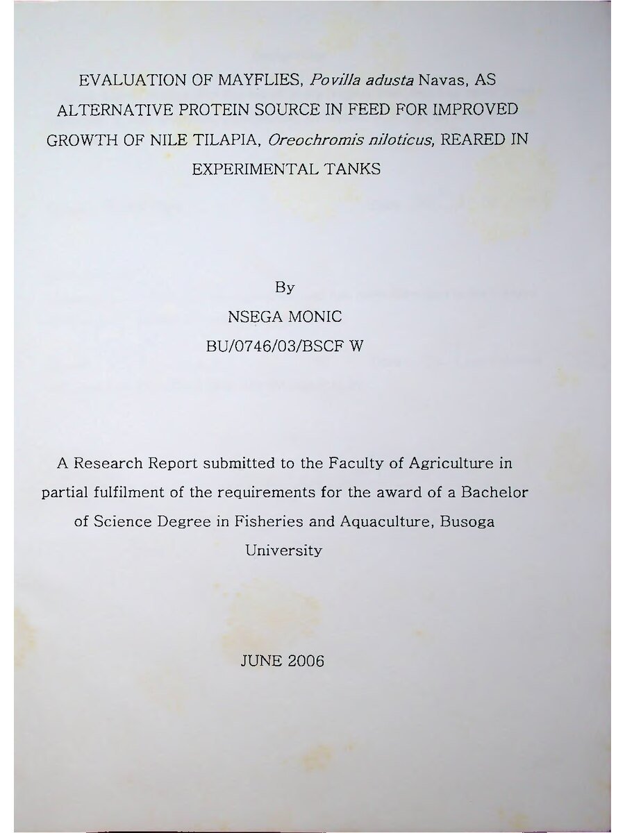 First page of Evaluation of Mayflies (POVILLA  ADUSTA NAVAS) as Alternative Protein Source in Feed For Improved Growth of Nile Tilapia (OREOCHROMIS NILOTICUS) Reared in Experimental Tanks