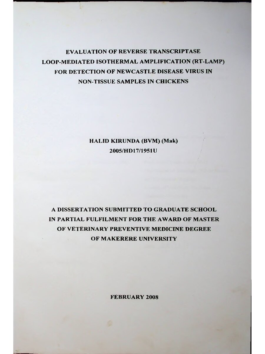 First page of Evaluation of Reverse Transcriptase Loop-Mediated Isothermal Amplification (RT-LAMP) For Detection of Newcastle Disease Virus in Non-Tissue Samples in Chickens