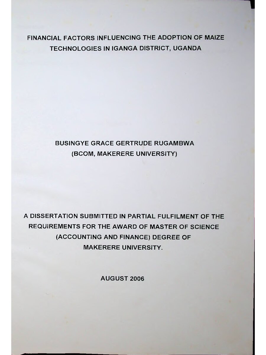 First page of Financial Factors Influencing the Adoption of Maize Technologies in Iganga District, Uganda