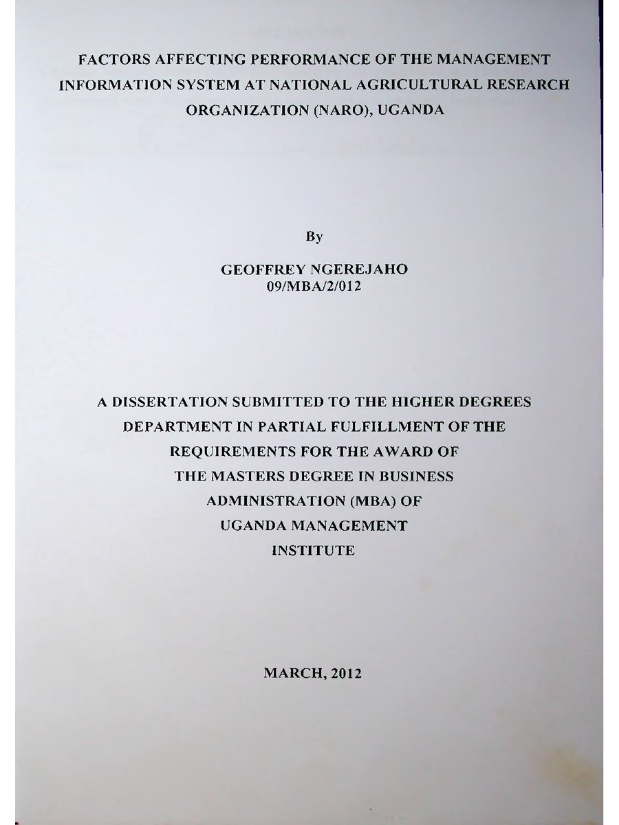 First page of Factors Affecting Performance of the Management Information System at National Agricultural Research Organization (NARO), Uganda