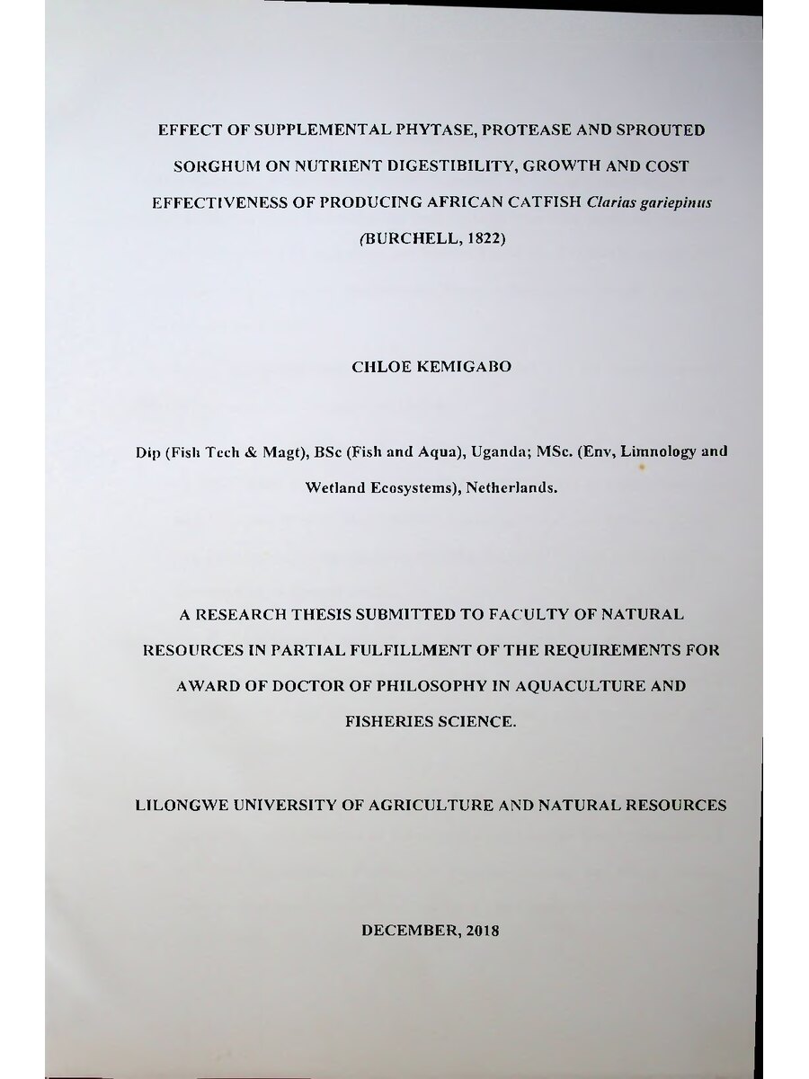 First page of Effect of Supplemental Phytase, Protease, and Sprouted Sorghum on Nutrient Digestibility, Growth and Cost Effectiveness of Producing Afrian Catfish