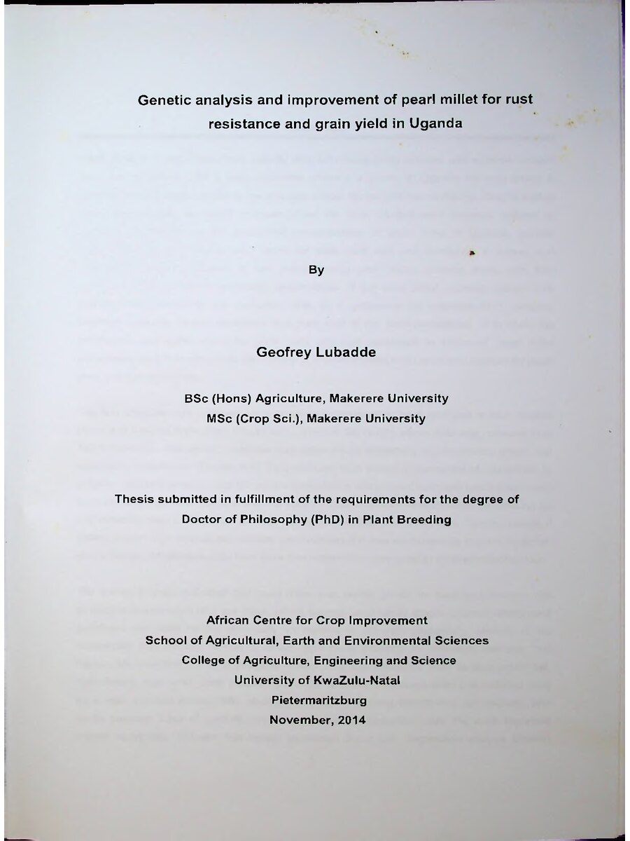 First page of Genetic Analysis and Improvement of Pearl Millet for Rust Resistance and Grain Yield in Uganda