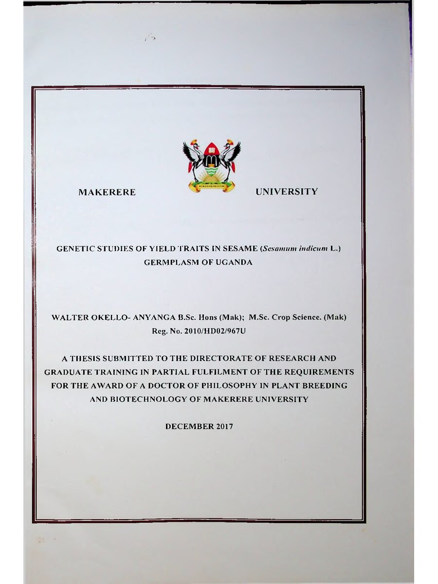 First page of Genetic Studies of Yield Traits in Sesame (Sesamum indicum L.) Germplasm of Uganda