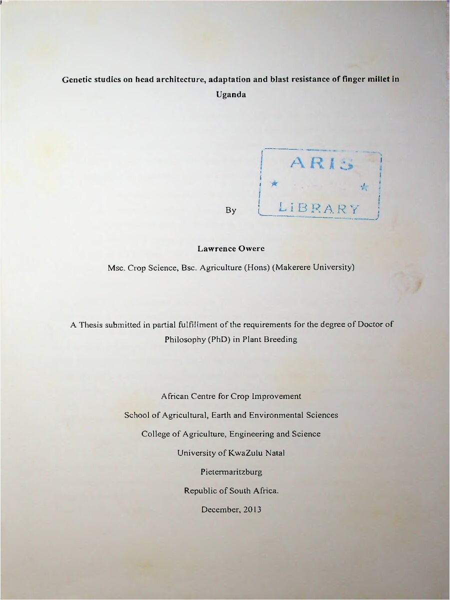 First page of Genetic Studies on Head Architecture, Adaptation and Blast Resistance of Finger Millet in Uganda