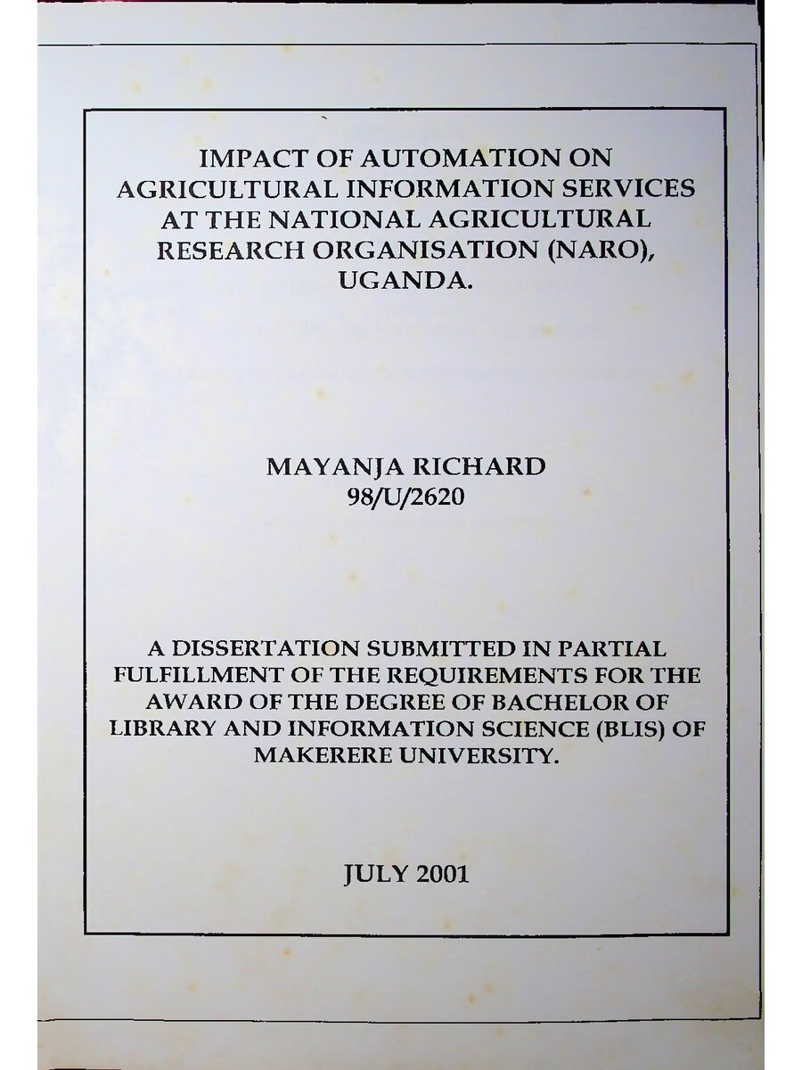 First page of Impact of Automation on Agricultural Information Services at the National Agricultural Research Organization (NARO), Uganda.