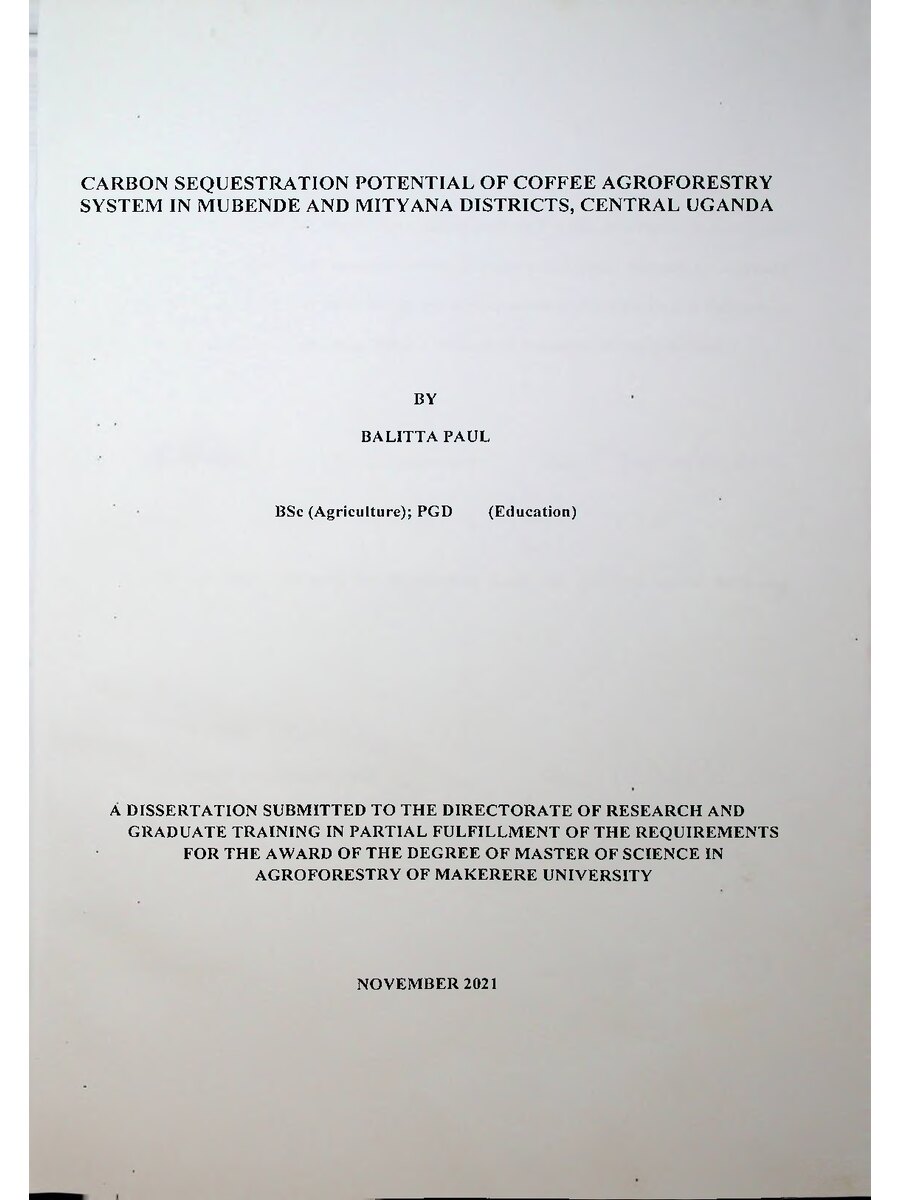 First page of Cabon Sequestration Potential of Coffee Agroforestry System in Mubende and Mitiyana Districts, Central Uganda