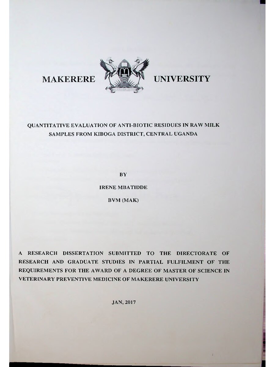 First page of Quantitative Evaluation of Anti-Biotic Residues in Raw Milk Samples from Kiboga District, Central Uganda