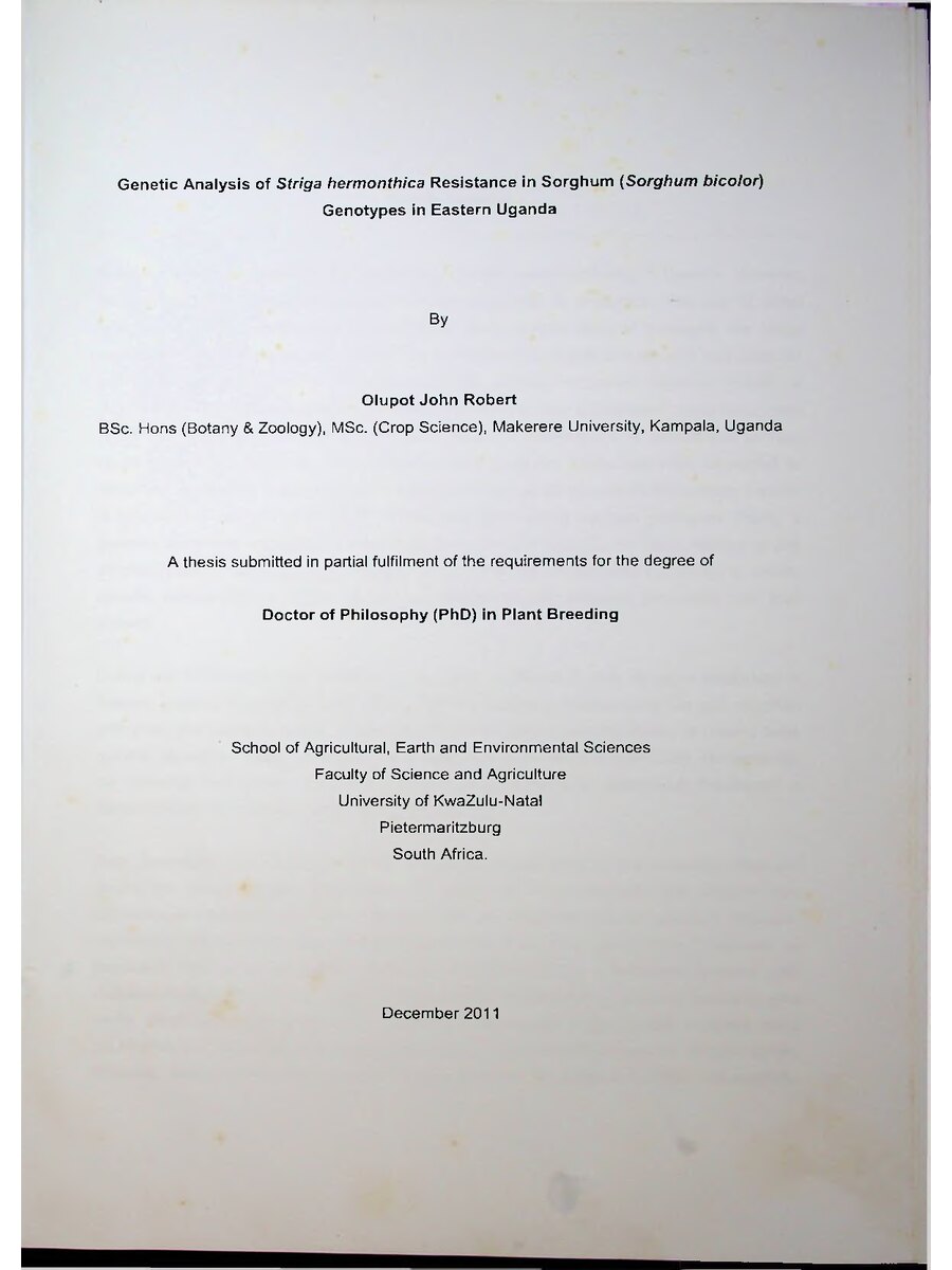 First page of Genetic Analysis of Striga Hermonthica Resistance in Sorghum Genotypes in Eastern Uganda