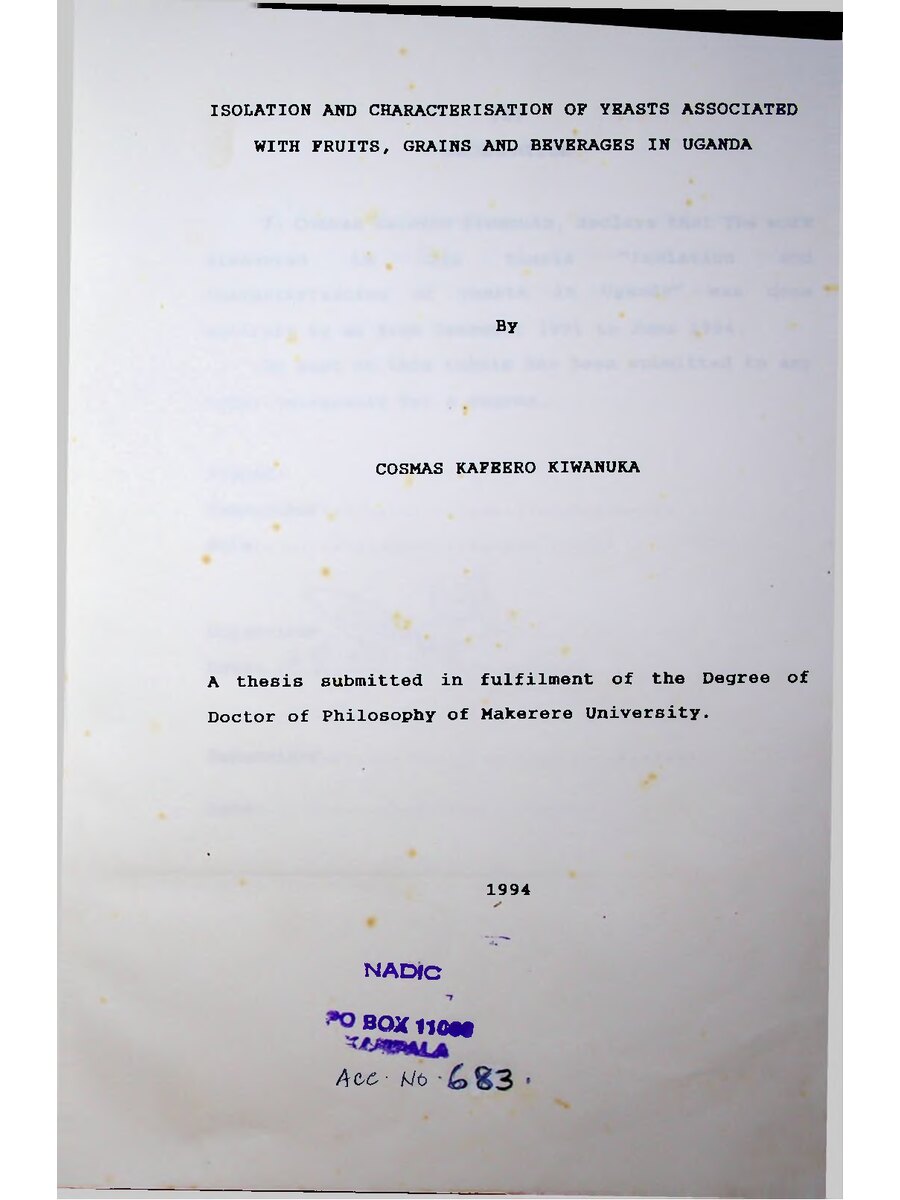 First page of Isolation and Characterisation of Yeasts Associated with Fruits, Grains and Beverages in Uganda