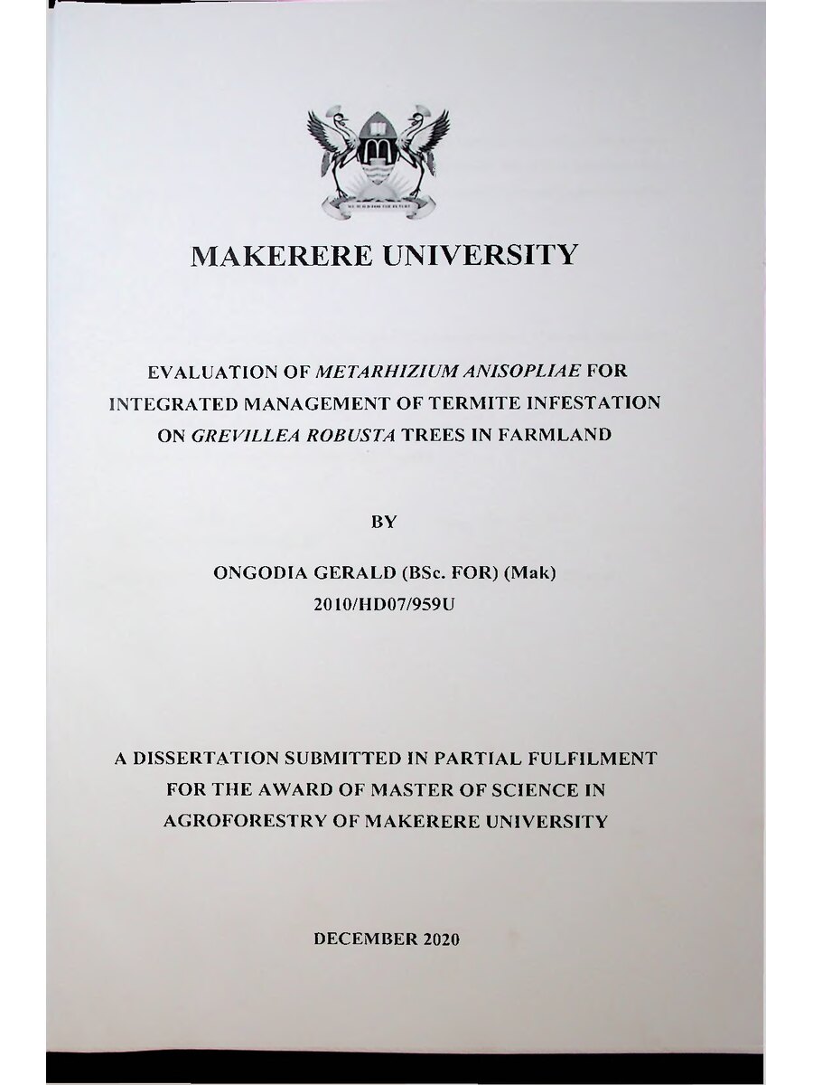 First page of Evaluation of METARHIZUM ANISOPLIAE for Intergrated Management of Termite Infestation on GREVILLEA ROBUSTA Trees in Farmland