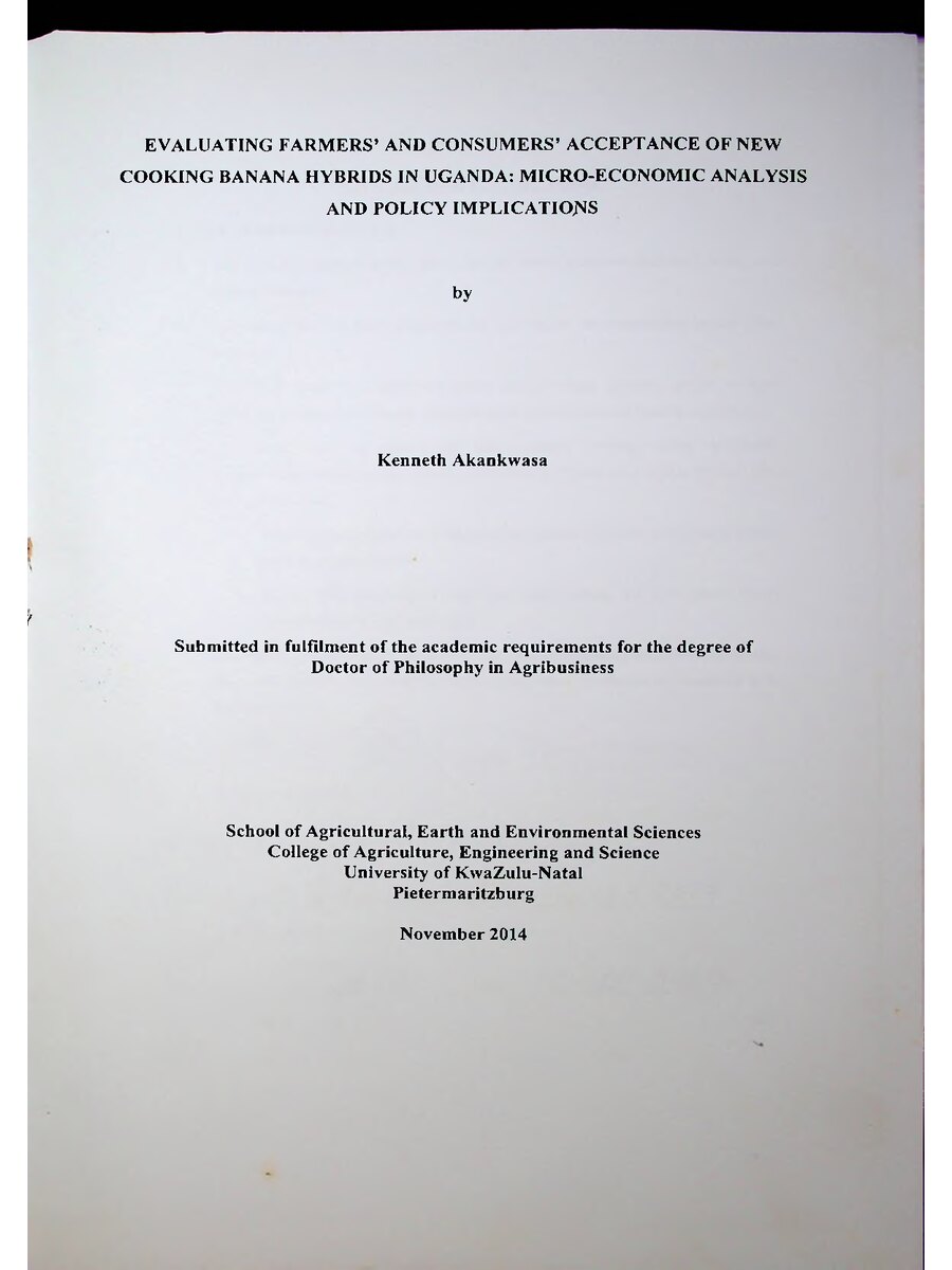 First page of Evaluating Farmer's and Consumers Acceptance of New Cooking Banana Hybrids in Uganda: Micro-Economic Analysis and Policy Implications
