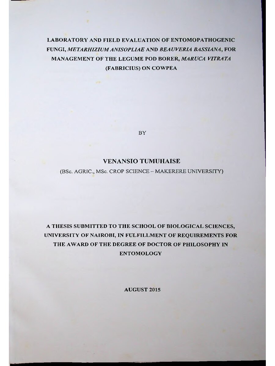 First page of Laboratory and Field Evaluation of Entomopathogenic Fungi, Metarhiziumanisopliae and Beauveria Bassiana, for Management of the Legume Pod Borer, Maruca Vitrata (FABRICIUS) on cowpea
