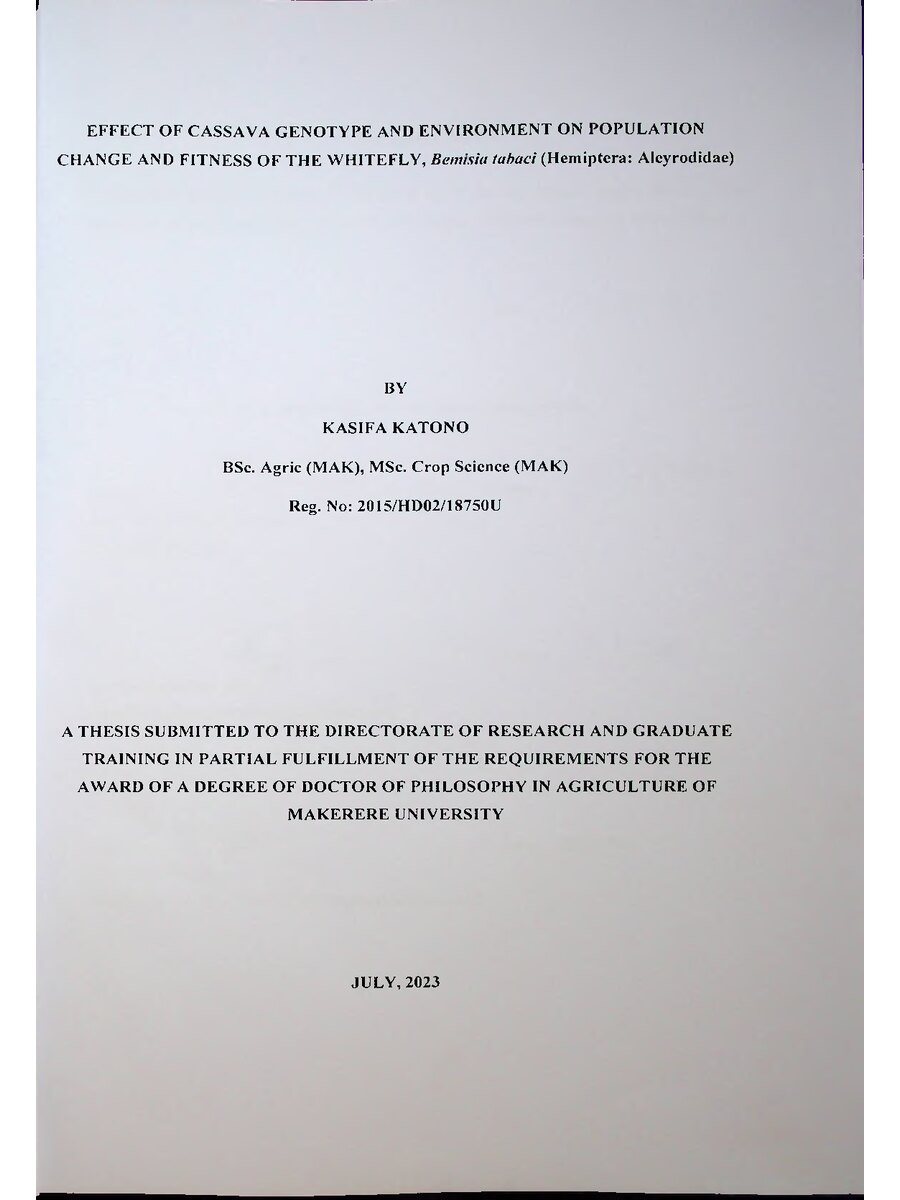 First page of Effect of Cassava Genotype and Environment on Population Change and Fitness of the Whitefly