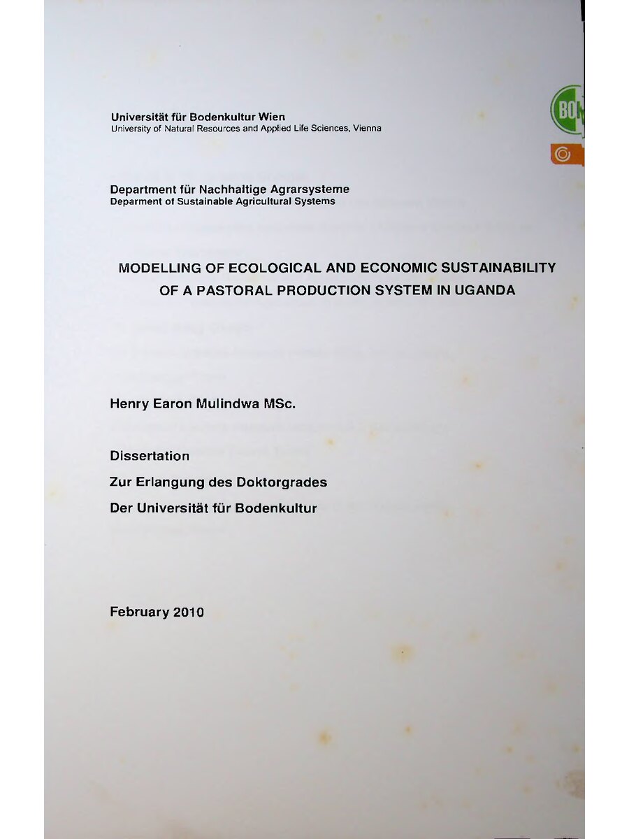 First page of Modelling of Ecological and Economic Sustainability of a Pastoral Production System in Uganda