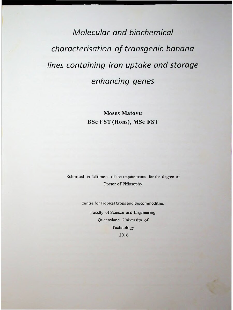 First page of Molecular and Biochemical Characterisation of Transgenic Banana Lines Containing Iron Uptake and Storage Enhancing Genes