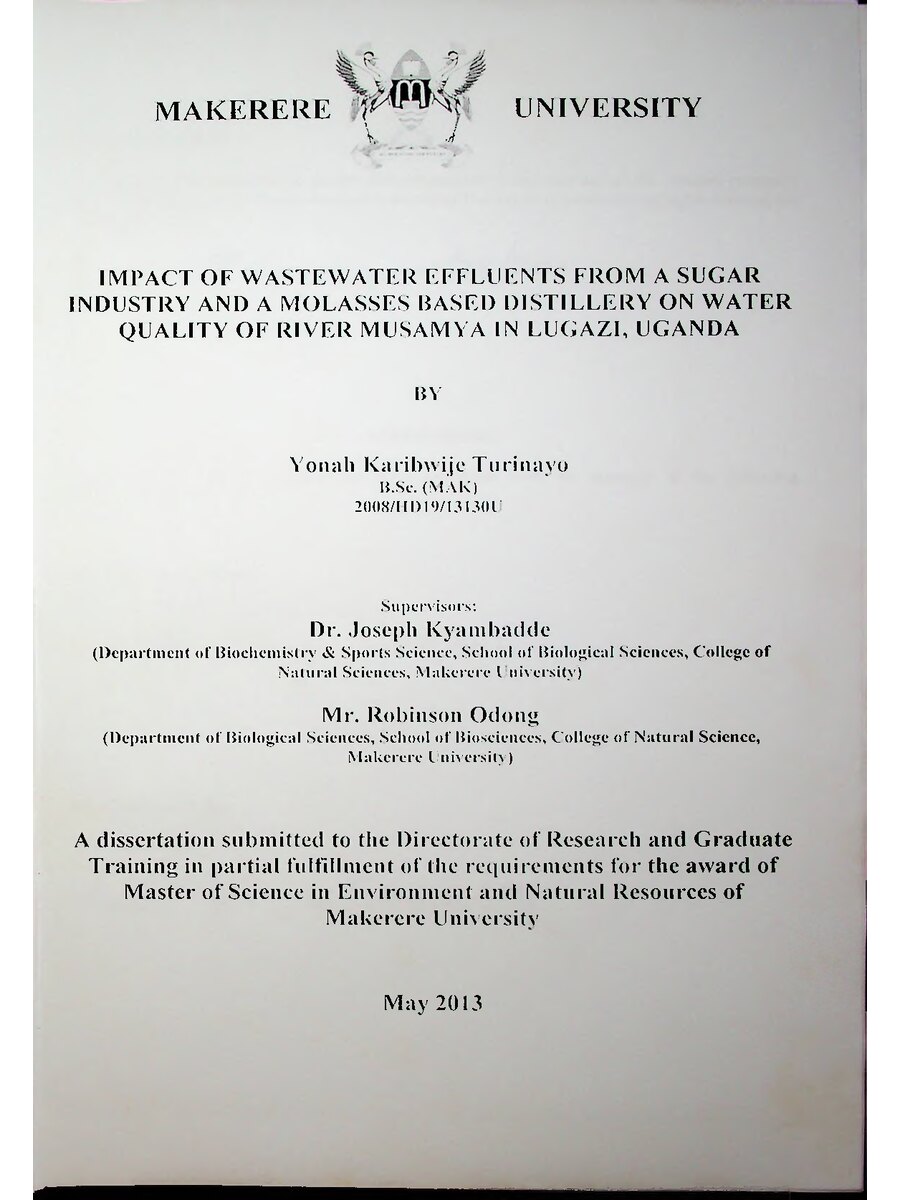 First page of Impact of Wastewater Effluents from a Sugar Industry and a Molasses Based Distillery on Water Quality of River Musamya in Lugazi, Uganda