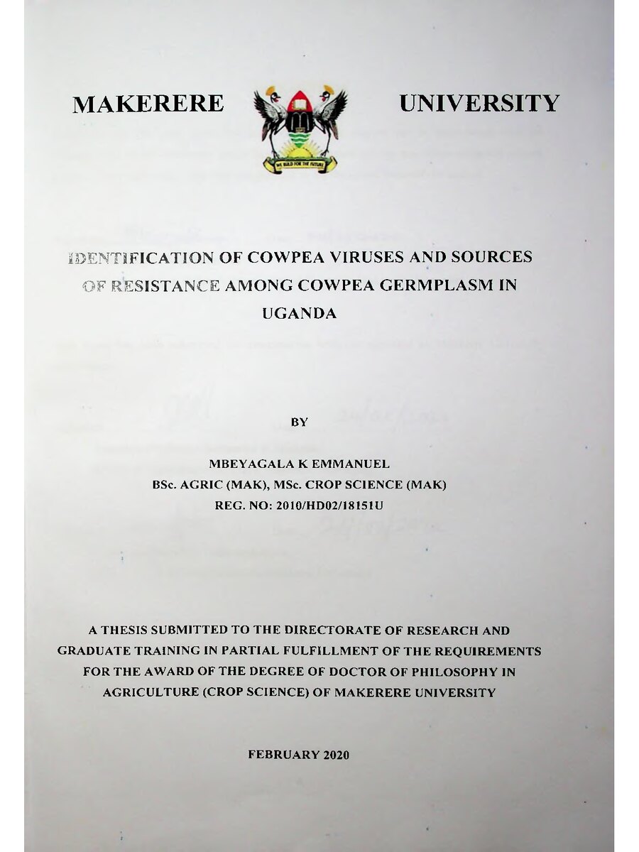 First page of Identification of CowPea Viruses and Sources of Resistance Among Cowpea Germplasm in Uganda