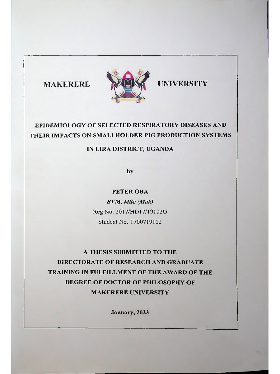 First page of Epidemiology of Selected Respiratory Diseases and their Impacts on Smallholder Pig Production Systems in Lira District, Uganda