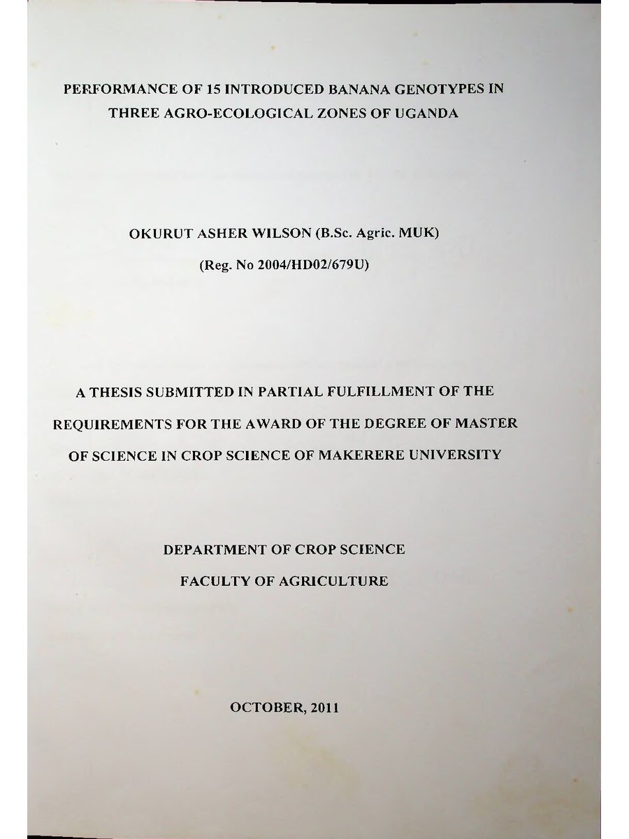 First page of Performance of 15 Introduced Banana Genotypes in Three Agro-Ecological Zones of Uganda