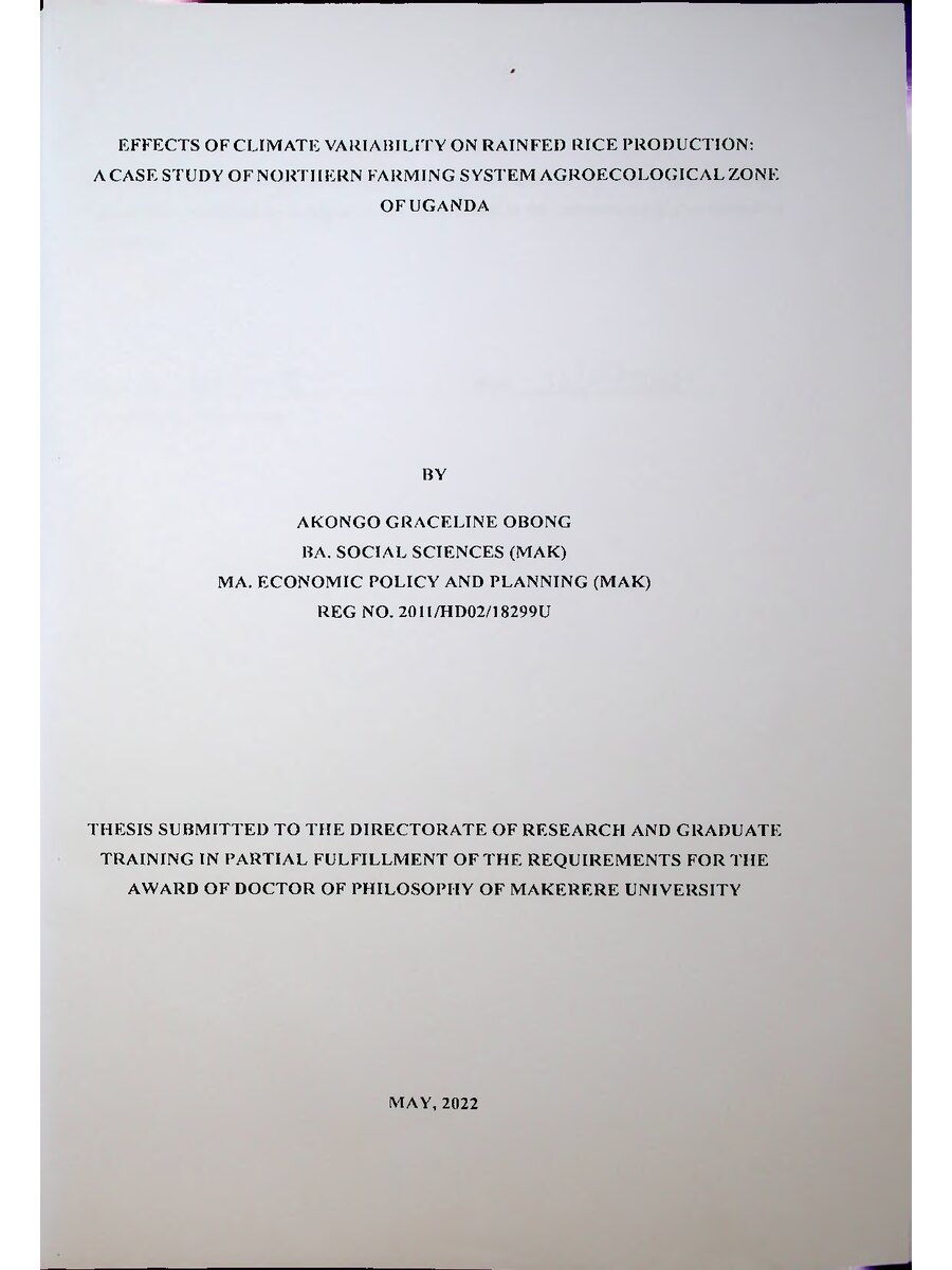 First page of Effects of Climate Variability on Rained Rice Production: A Case Study of Northern Farming System Agroecological Zone of Uganda