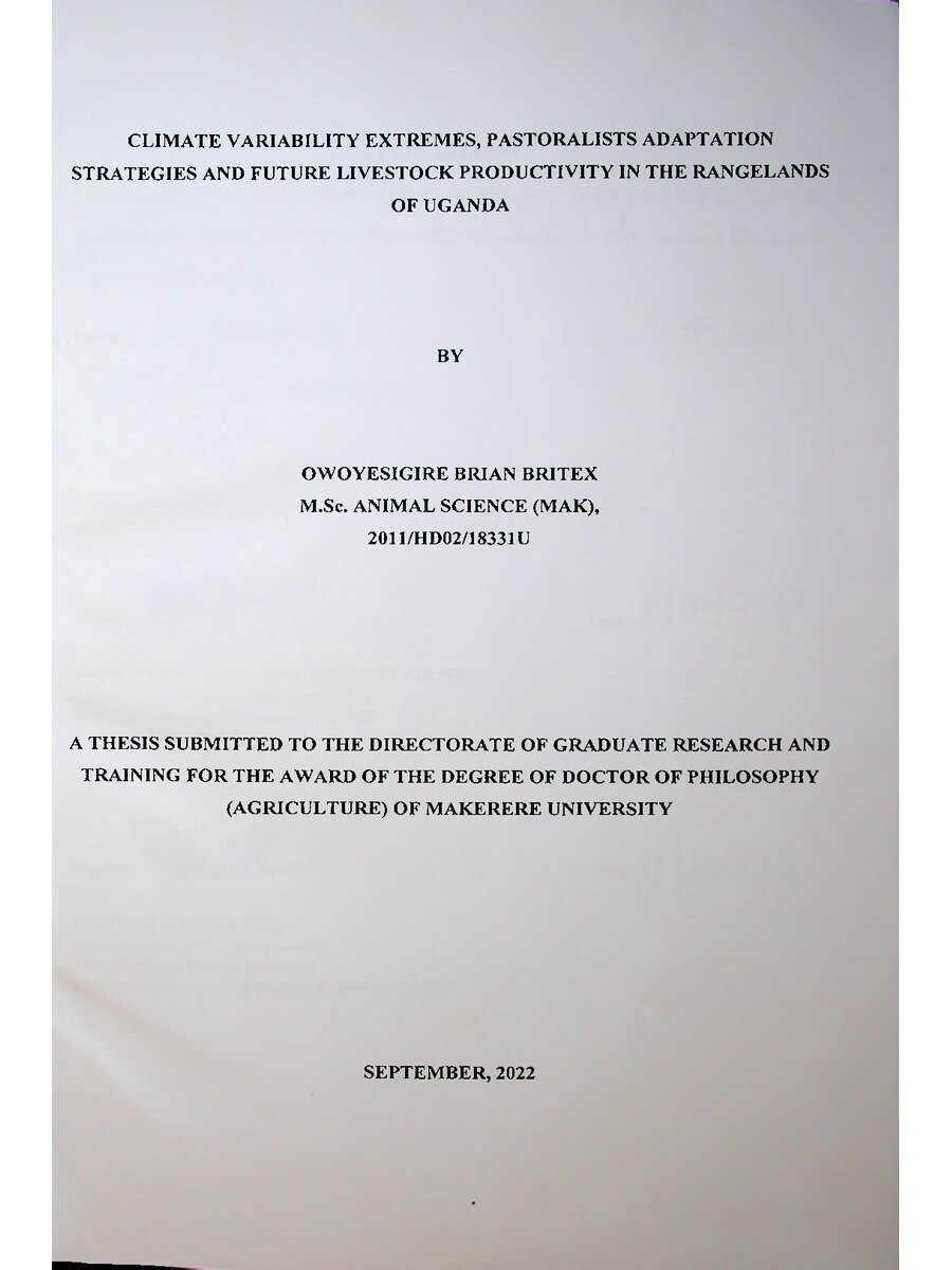 First page of Climate Variability Extremes, Pastoralists Adaptation Strategies and Future Livestock Productivity in the Rangelands of Uganda